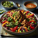 A vibrant vegan Buddha bowl featuring a centerpiece of intricately arranged Romanesco broccoli, surrounded by colorful strips of red and yellow bell peppers, edamame beans, and black rice. The dish is garnished with sesame seeds and served with a creamy peanut sauce in a small bowl on the side. Edamame pods and a spoon are placed as additional elements in the background, enhancing the composition.