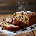 A freshly baked chocolate chip loaf cake is displayed on a rustic wooden table. The cake is golden brown with visible chocolate chips scattered throughout, and it is sliced to reveal its moist texture. Steam rises from the warm slices, emphasizing its freshness, while powdered sugar lightly dusts the top for a decorative touch. Additional chocolate chips are scattered around for added appeal.