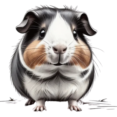 Front view of a black, white and brown guinea pig, drawing by Stable Diffusion.