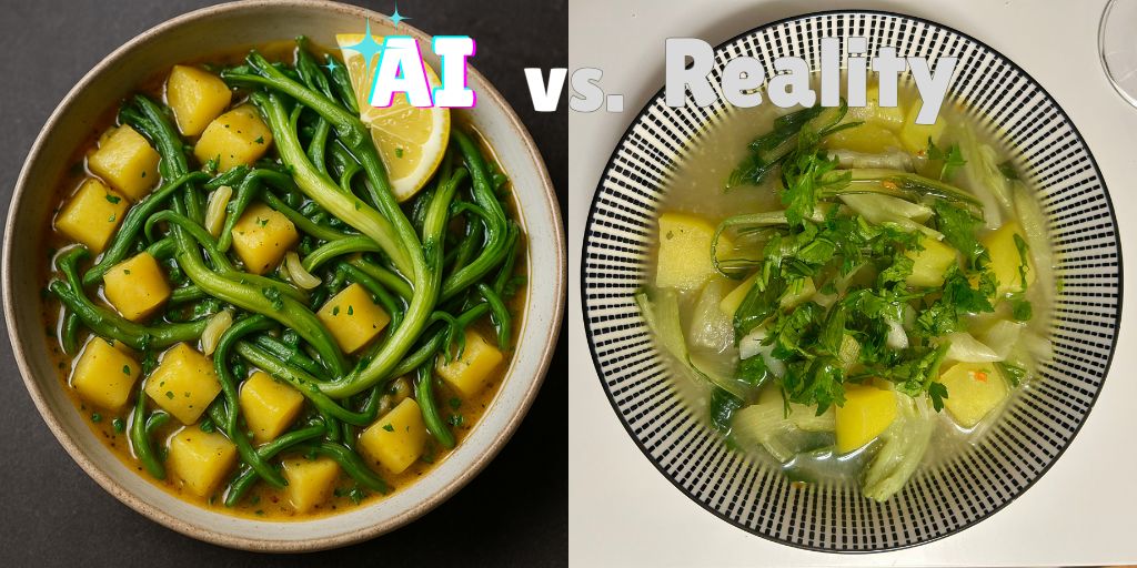 A side-by-side comparison labeled "AI vs. Reality" showing two vegetable soup dishes. On the left, the "AI" version displays a perfectly styled soup with vibrant green leaves, uniform yellow potato cubes, and a lemon slice in a smooth beige bowl. The broth appears clear and rich. On the right, the "Reality" version shows a more rustic homemade soup with less uniform vegetables, including potatoes and leafy greens floating in a lighter broth, served in a bowl with a black and white striped pattern around the rim. The comparison illustrates the difference between idealized food photography and actual home cooking results.