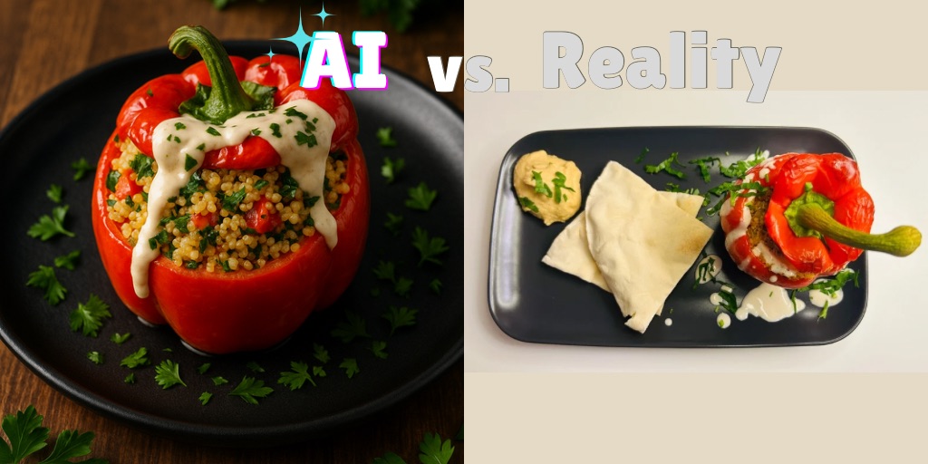 A side-by-side comparison labeled "AI vs. Reality" showing two versions of stuffed bell peppers. On the left, the "AI" version displays a perfectly styled bright red bell pepper filled with colorful couscous or grain mixture, topped with a creamy white sauce and fresh herbs, served on a black plate against a wooden background. On the right, the "Reality" version shows a more rustic presentation featuring a roasted red pepper with visible charring, served on a black rectangular plate alongside what appears to be a pastry pocket and a small portion of dip or sauce, garnished with scattered herbs. The contrast highlights the difference between idealized food photography and everyday home cooking results.