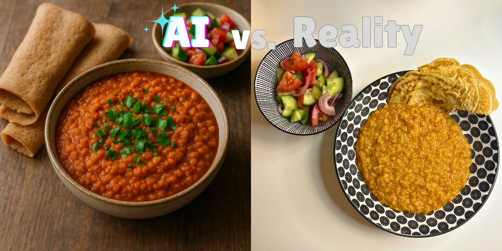 Side-by-side comparison of an Ethiopian-inspired Misir Wot meal: on the left, a professional, AI-generated food photo with vibrant red lentil stew garnished with herbs, rolled flatbread, and a colorful salad on a rustic wooden table; on the right, a real-life home-cooked version on a patterned plate, with golden flatbread, lentil stew, and a fresh cucumber-tomato salad, all under bright indoor lighting, with the text "AI vs. Reality" at the top.