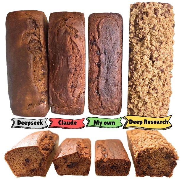 Visual comparison of 4 different banana breads. From left to right: Deepseek, Claude, my own and Deep Research recipes.
