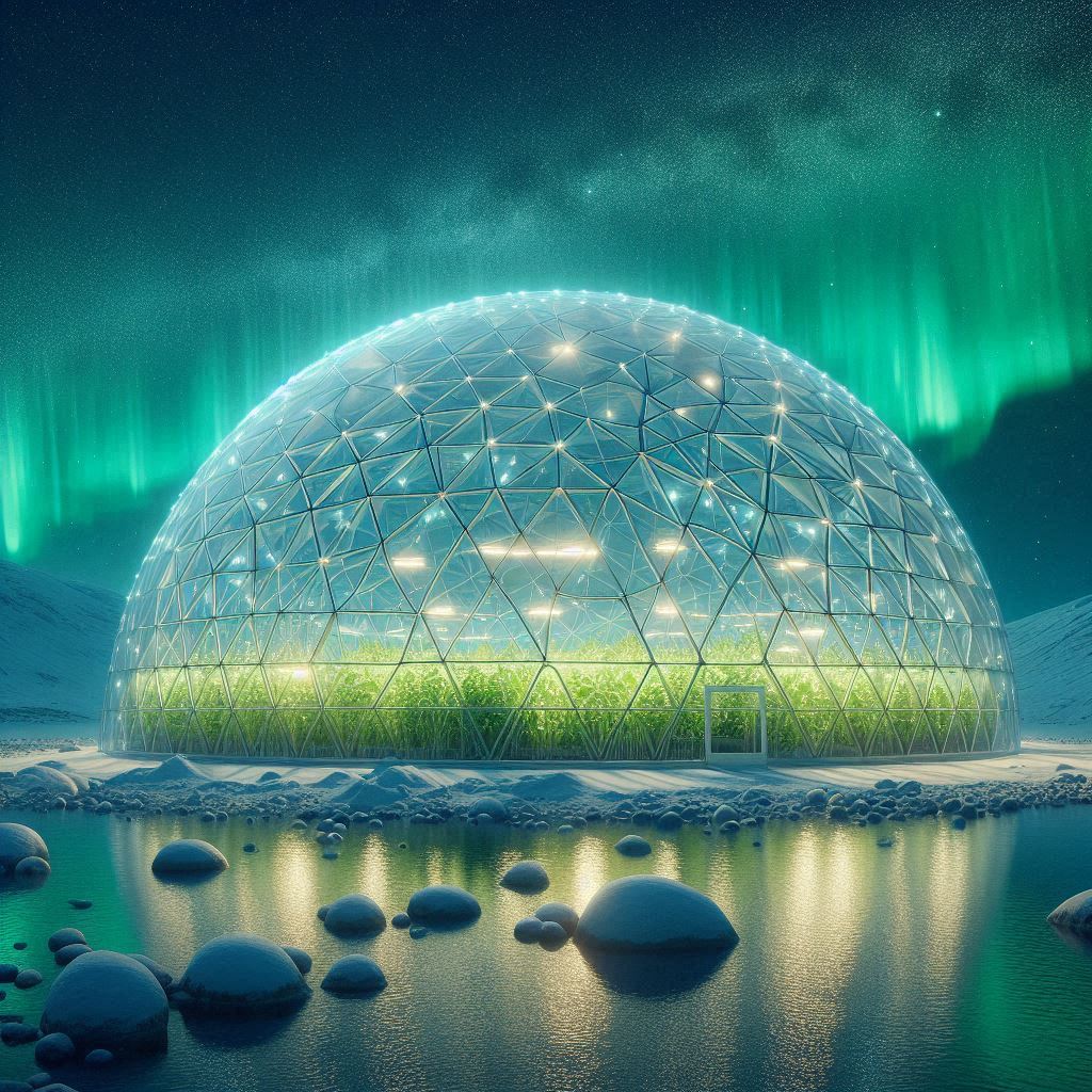 "A futuristic geodesic dome greenhouse illuminated against the night sky, with the Northern Lights dancing in vibrant green hues above. Inside the transparent dome, rows of lush green plants grow under carefully arranged lighting. The structure sits beside a serene body of water dotted with smooth stones, creating a striking contrast between cutting-edge sustainable agriculture and the raw beauty of Arctic nature. This vision of innovative food production harmonizes technology and environment in a breathtaking Arctic landscape."