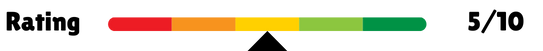 "Rating scale bar showing a score of 5 out of 10, with the indicator positioned in the green section, suggesting a medium evaluation."
