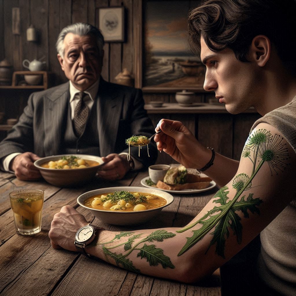 A cinematic scene of two people sharing a rustic potato soup meal at a wooden table. Steaming bowls of golden broth filled with tender potato chunks and fresh herbs sit before them. The younger person on the right, wearing a light sweater with botanical tattoos of herbs along their arm, lifts a spoonful of the hearty soup. Across the table, an older person in a formal gray suit observes thoughtfully. The warm, amber-toned setting features wooden paneling, vintage dishware, and glasses of what appears to be iced tea, creating an atmosphere that blends traditional cooking with contemporary style. The composition captures both the comfort of homemade soup and the meaningful connection that shared meals can create.