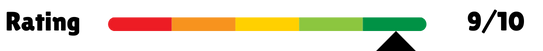 "Rating scale bar showing a score of 9 out of 10, with the indicator positioned in the green section, suggesting a positive evaluation."