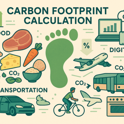 An infographic titled "Carbon Footprint Calculation" features a central green footprint surrounded by four sections: Food, Digital, Transportation, and Cooking. The Food section shows various items like beef, cheese, vegetables, and grains, labeled with CO₂ symbols to indicate their emissions. The Digital section includes a laptop, smartphone, cloud icon, and server, symbolizing the environmental impact of internet use. Transportation is depicted with a car, bicycle, airplane, and public bus, each associated with varying CO₂ outputs. The Cooking section shows a stove and oven, highlighting energy use in meal preparation. The design uses clean lines and earth-toned colors to convey sustainability.