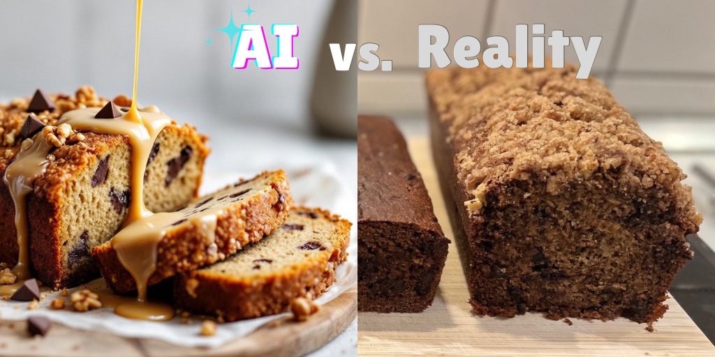 "AI vs. Reality: A side-by-side comparison of baked goods. On the left, an AI-generated image shows a perfect chocolate chip banana bread with glistening caramel sauce being drizzled from above. The slices reveal a moist, golden interior studded with chocolate chips. On the right, the reality shows a homemade banana bread with a more rustic appearance, featuring a darker brown color and denser crumb texture, resting on a wooden cutting board. The contrast highlights the difference between idealized food photography and authentic home baking results."