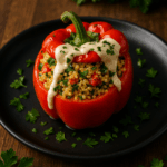 A vibrant stuffed red bell pepper centered on a matte black plate, filled with golden quinoa or couscous mixed with fresh herbs and diced vegetables. A creamy white sauce drizzles elegantly over the top, cascading down the sides of the glossy pepper. The bright green stem remains intact, creating a striking visual contrast against the red pepper. Fresh parsley leaves are scattered around the plate and sprinkled throughout the filling, adding pops of green. The entire dish is presented on a rich wooden table surface, with additional sprigs of parsley visible in the background, creating a warm, rustic food styling that emphasizes the homemade, wholesome nature of the dish.