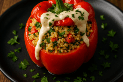 Thumbnail for Lebanese Stuffed Bell Peppers with Lentil Couscous and Tahini Sauce