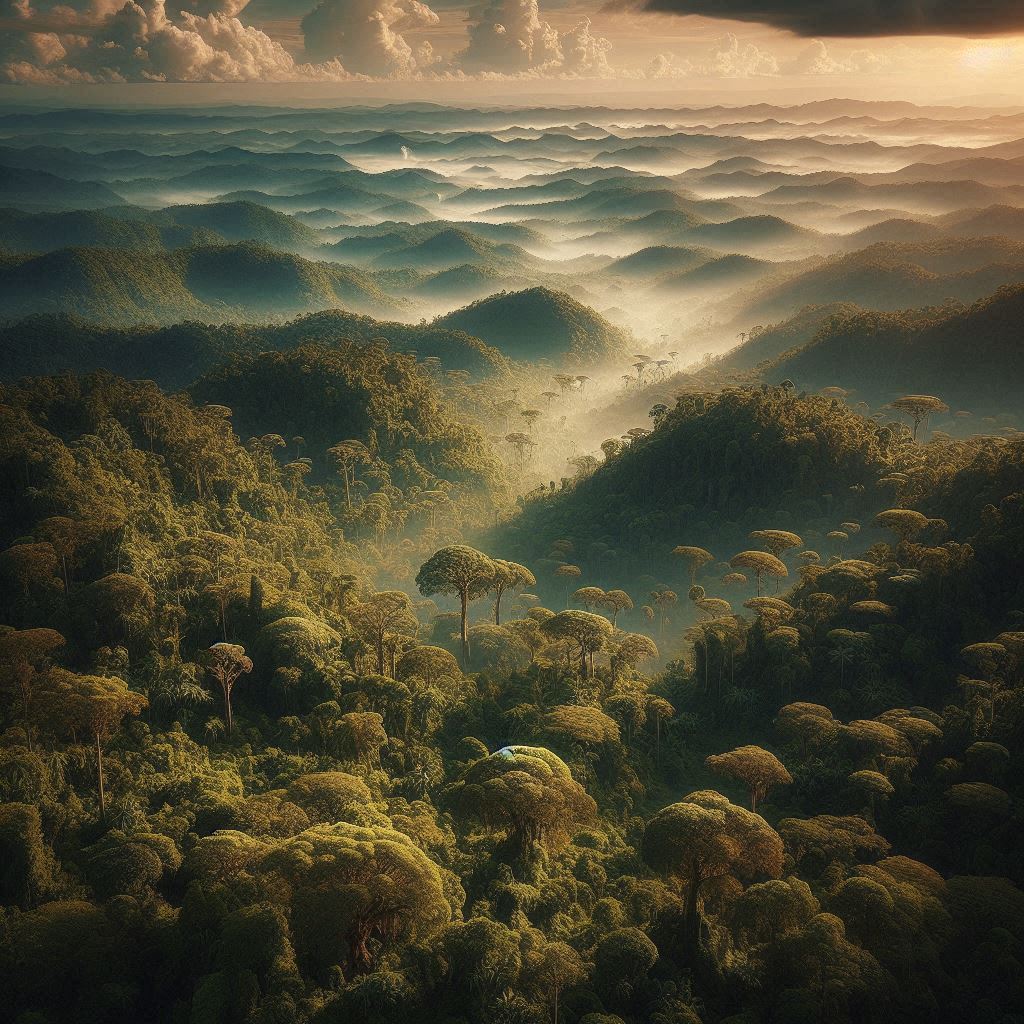 A breathtaking aerial view of a lush, misty Ethiopian forest at sunrise, with rolling hills covered in dense green trees and golden sunlight streaming through the clouds—evoking the natural beauty and mystery that inspire traditional Ethiopian cuisine.