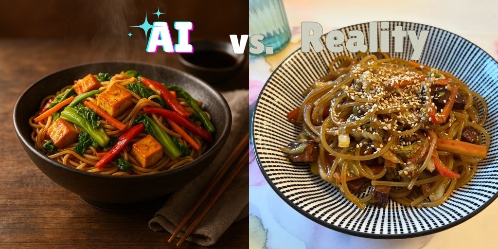 A split-image comparison showing two noodle stir-fry dishes: on the left, a professional, vibrant bowl of Chinese cabbage and rice stick noodles with golden tofu cubes, crisp red bell pepper, and green vegetables arranged artfully in a dark bowl on a wooden surface, labeled "AI"; on the right, a homemade version in a black-and-white patterned bowl with glass noodles, vegetables, sesame seeds, and a more casual, less stylized appearance, labeled "Reality."