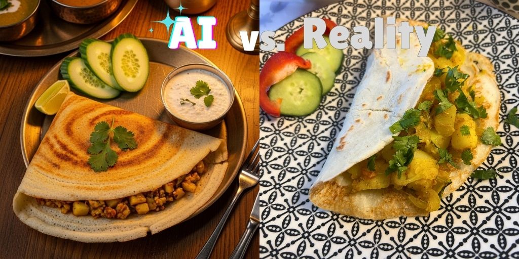 Side-by-side comparison of two plates featuring vegan potato masala dosa: the left showcases a perfectly styled, restaurant-quality dosa with crisp golden edges, neatly filled with spiced potato and garnished with cilantro, served alongside sliced cucumber and coconut chutney on a metal plate in warm lighting; the right displays a homemade dosa with a rustic appearance, folded over a similar potato filling, presented on a patterned ceramic plate with fresh cucumber and red pepper slices, illustrating the playful contrast between an idealized (AI-generated) dish and its real-life homemade version.
