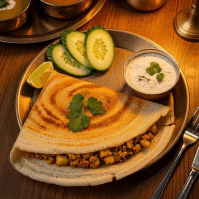 A beautifully plated vegan potato masala dosa on a traditional brass plate in an Indian restaurant setting, featuring golden crispy crepe filled with spiced potato curry, garnished with fresh cilantro, served alongside coconut chutney and sliced cucumber, with warm ambient lighting highlighting the authentic textures and colors.