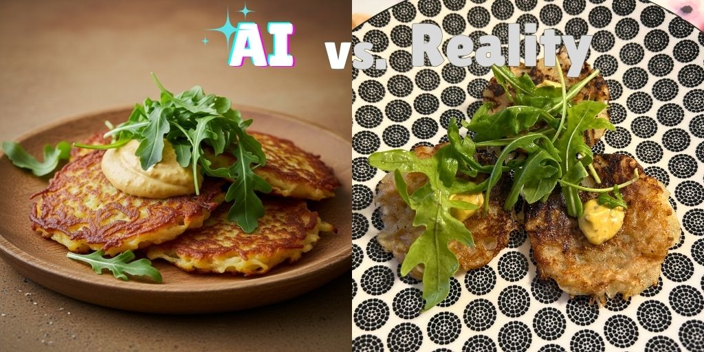 Side-by-side comparison titled 'AI vs. Reality' showing a perfect, golden vegan Kartoffelpuffer stack with mustard sauce and arugula on the left (AI-generated), versus a messy, imperfect real-life version on a polka-dot plate on the right, highlighting the humorous challenges of recreating vegan German potato pancakes at home.