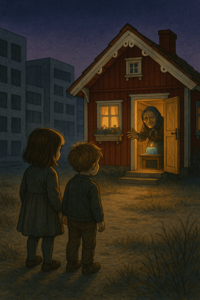At dusk, two small children stand outside a tiny red wooden cottage in a dark urban setting. The cottage glows warmly from within, and an old woman with a kind smile and a headscarf stands in the doorway, beckoning them inside with one hand. A lit candle sits on a small table just inside the door.