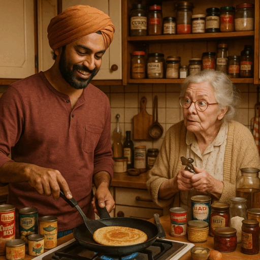 A warm kitchen scene showing a smiling man wearing an orange turban and burgundy shirt cooking dosa in a cast iron pan while an elderly woman with glasses and a beige cardigan watches, surrounded by vintage spice jars and canned goods on wooden shelves, capturing the cross-cultural cooking moment from the Hamburg dosa story.