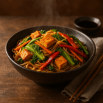 A vibrant Chinese cabbage and rice stick noodle stir-fry with golden-brown tofu cubes, glossy noodles, and colorful vegetables (green cabbage, orange carrot, red bell pepper), garnished with green onion rings and sesame seeds. The dish is served hot in a dark ceramic bowl on a rustic wooden surface, with steam rising gently, wooden chopsticks and a small soy sauce dish nearby, all softly lit by warm, natural light.