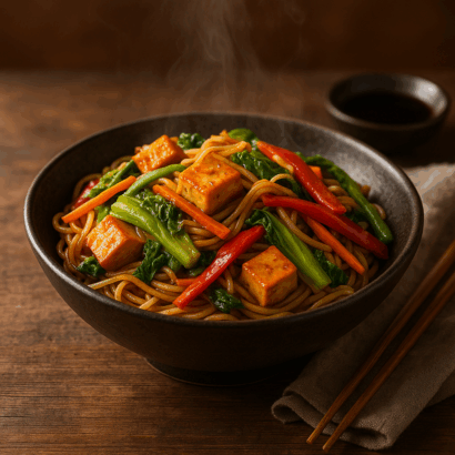A vibrant Chinese cabbage and rice stick noodle stir-fry with golden-brown tofu cubes, glossy noodles, and colorful vegetables (green cabbage, orange carrot, red bell pepper), garnished with green onion rings and sesame seeds. The dish is served hot in a dark ceramic bowl on a rustic wooden surface, with steam rising gently, wooden chopsticks and a small soy sauce dish nearby, all softly lit by warm, natural light.