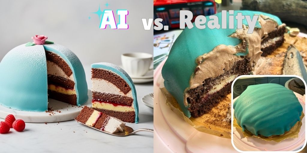 A comparison image titled "AI vs. Reality." The left side shows a perfect, AI-generated photo of a light blue princess cake with a clean slice removed to reveal neat layers. The right side is a collage of photos showing a messy, homemade version of the same cake, illustrating the contrast between an idealized image and a real-life baking outcome.