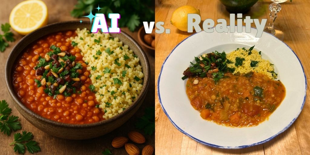 Side‑by‑side image labeled “AI vs. Reality”: on the left, a polished, stylized bowl of bright red lentil harira topped with parsley, dates, and almonds beside fluffy lemon couscous; on the right, a real home‑cooked plate with looser red lentil stew, a scoop of couscous, and a small pile of chopped herb-date garnish on a wooden table with lemons and a glass in the background.