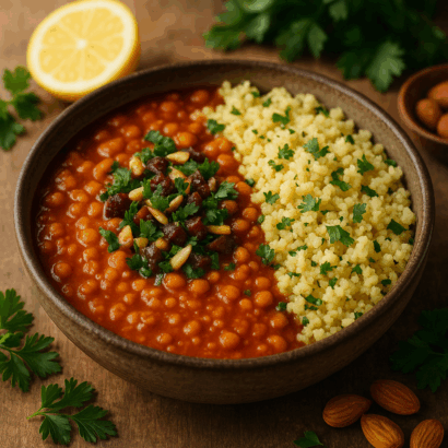 Bowl of tomato-red lentil stew topped with parsley, dates, and almonds beside fluffy lemon-herb couscous, garnished with fresh parsley; lemon half and almonds in the background.