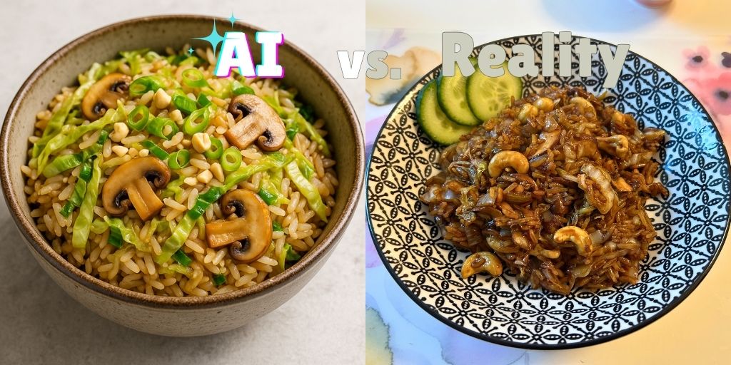Left side shows a bright, perfectly styled bowl of rice mixed with green cabbage ribbons and sautéed mushroom slices, each grain distinct and glossy; right side shows a real-life plate of darker, clumped rice with shredded cabbage and cashews, garnished with cucumber slices, under casual home lighting, with bold text “AI vs. Reality” across the top.