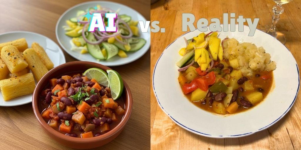 A side-by-side comparison image labeled "AI vs. Reality" showing the Nicaraguan-inspired sancochado dish. On the left, a professionally styled presentation with red bean stew in a brown bowl garnished with lime wedges and cilantro, alongside golden cassava sticks on a white plate and a colorful mango slaw with purple onions. On the right, the home-cooked reality version plated together on a single white dish, showing the bean stew with vegetables, mashed cassava, and mango slaw components in a more casual, everyday presentation.