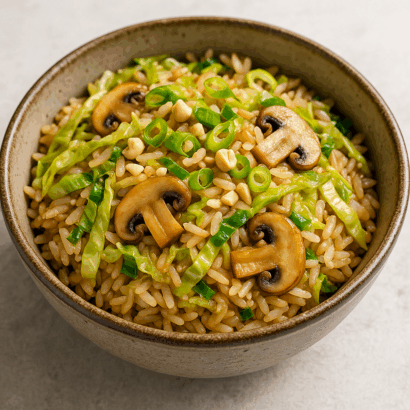 Close-up of a bowl filled with glossy jasmine rice tossed with soy sauce, thin ribbons of wilted Chinese cabbage, and sautéed mushroom slices, topped with chopped spring onions and cashew pieces, all presented in warm natural light against a neutral tabletop.
