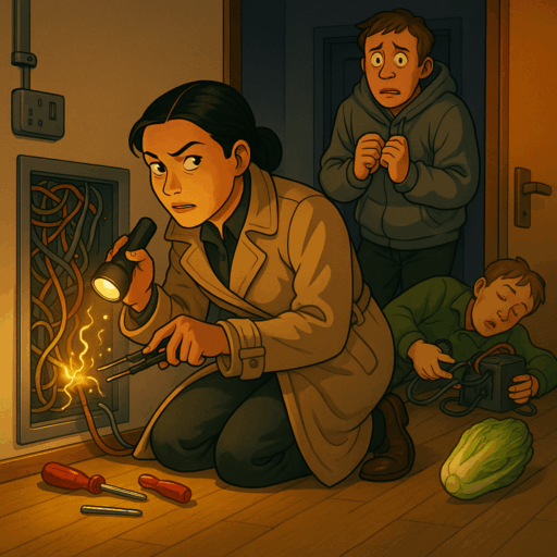 Inspector Aminah Lim crouches by a wall panel of tangled, sparking wires, flashlight glow highlighting her focused expression; behind her, Dimitri fidgets in a rumpled hoodie while Hans Gruber lies dazed on the floor clutching a homemade gadget, and a lone Chinese cabbage rolls toward the viewer—comic chaos frozen in a warmly lit, blackout-struck Munich apartment.