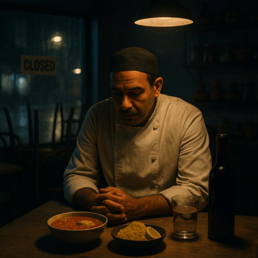 Moody 1:1 photo of a weary Moroccan cook in a flour-dusted chef jacket sitting alone under a hanging light in a closed café. He clasps his hands at a table with a bowl of red lentil harira, a small mound of lemon couscous with a lemon wedge, a full water glass, and an unopened wine bottle; rain streaks the window with a “Closed” sign and stacked chairs in the background.