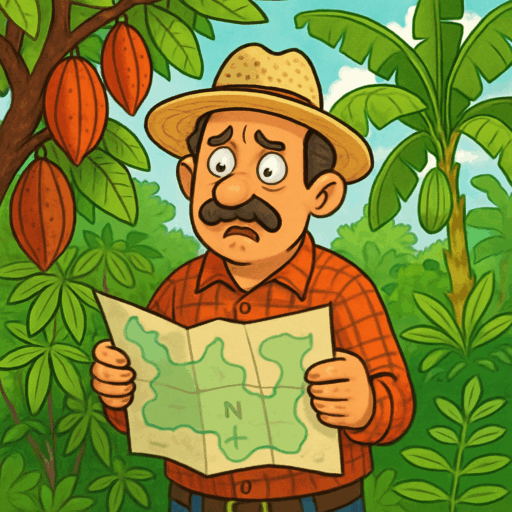 Cartoon of a mustached farmer in a straw hat and orange plaid shirt holding a map marked with a big “N,” looking confused while standing in a lush agroforest with cocoa pods, cassava leaves, and banana trees.