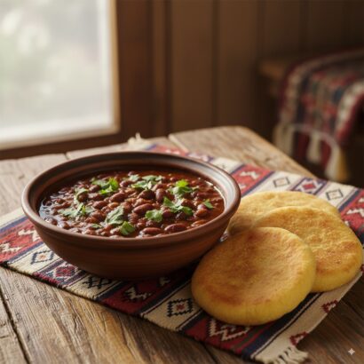 A warm and inviting professional food photograph of Georgian-inspired red bean lobio stew served in a rustic terracotta bowl, garnished with vibrant fresh cilantro. Beside the bowl are three golden-brown mchadi cornbread flatbreads. The scene is shot in natural light, with a soft-focus background featuring a wooden table and a traditional Georgian textile, enhancing the authentic and cozy atmosphere.