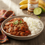 A close-up shot of a rustic bowl of Nigerian plantain and peanut stew, garnished with chopped peanuts and cilantro. The rich, red stew is served alongside fluffy lime rice on a wooden table, with fresh bananas, a jar of peanut butter, and a lime visible in the background.