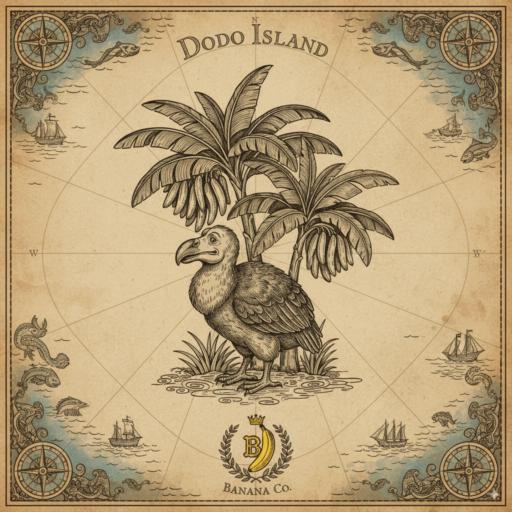 A vintage-style map illustration titled "Dodo Island" on an aged, parchment-like background. In the center, a detailed drawing of a dodo bird stands in front of two plantain trees. The map is decorated with classic 17th-century cartography elements, including sailing ships, sea monsters, and compass roses. At the bottom, a logo for "Banana Co." features a crowned banana inside a wreath.