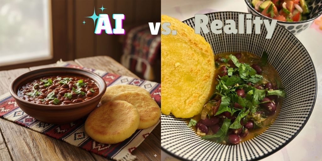 Side-by-side comparison showing "AI vs Reality" with the left image displaying a rustic Georgian lobio (red bean stew) in a brown ceramic bowl with golden mchadi cornbread on a traditional patterned textile, while the right image shows the actual homemade version served in a modern striped bowl with a single piece of golden cornbread and fresh cilantro garnish, illustrating the difference between expectation and kitchen reality.