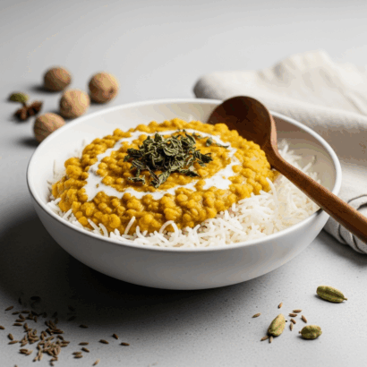 Professional food photography of a creamy yellow lentil dal served over white basmati rice in a white ceramic bowl, garnished with dried mint leaves and a drizzle of white cream or yogurt. The dish is photographed from above with a wooden spoon placed alongside, scattered whole spices including cardamom pods and cumin seeds around the bowl, and soft natural lighting against a neutral gray surface with a white linen napkin in the background.Retry