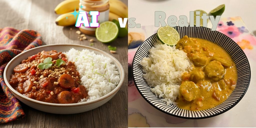 A side-by-side comparison image labeled "AI vs. Reality." On the left, a professionally shot, AI-generated image shows a rich, red plantain stew with lime rice, garnished with chopped peanuts. On the right, a home-cooked, real-life version of the same dish shows a lighter, yellow-colored stew in a black and white patterned bowl.