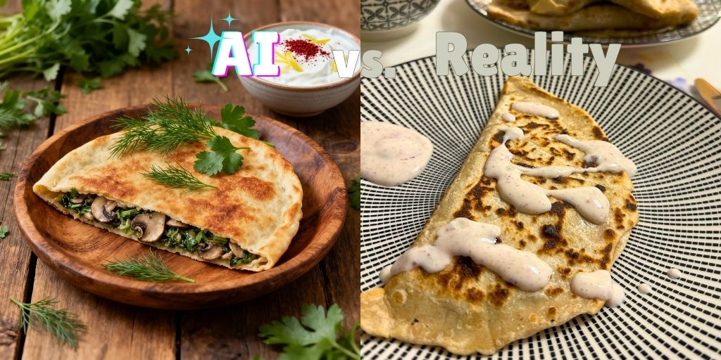 Split-screen comparison image showing "AI vs Reality" labeled at the top. Left side displays an idealized food photograph of golden-brown Azerbaijani qutab on a rustic wooden plate, garnished with fresh dill and parsley, accompanied by a small bowl of white yogurt sauce with red sumac sprinkled on top, all arranged on a wooden surface with decorative herbs. Right side shows the actual homemade result: an irregularly shaped, somewhat pale qutab on a black and white checkered plate, with uneven golden spots and a generous drizzle of orange yogurt-sumac sauce, demonstrating the realistic difference between professional food photography and home cooking results.