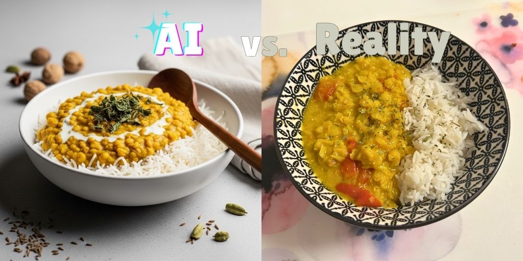 Side-by-side comparison image showing "AI vs. Reality" of a yellow lentil dal with basmati rice recipe. The left side shows a professionally styled AI-generated food photograph with perfectly arranged dal in a white ceramic bowl, garnished with mint and cream drizzle, surrounded by scattered spices. The right side shows the actual homemade version in a decorative black and white patterned bowl, with a more rustic, realistic appearance of the golden dal served alongside white rice. The comparison demonstrates the difference between idealized food photography and real home cooking results.