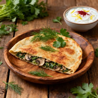 Close-up photo of golden brown Azerbaijani Qutab flatbreads in half-moon shapes, stacked on a rustic wooden plate. The stuffed herb and mushroom filling is visible at the folded edges. A small bowl of creamy white vegan yogurt, sprinkled with deep red sumac and lemon zest, sits beside the flatbreads, garnished with fresh green dill and parsley. The scene is softly lit with natural light, highlighting the warm tones and fresh herbs scattered on the wooden surface.