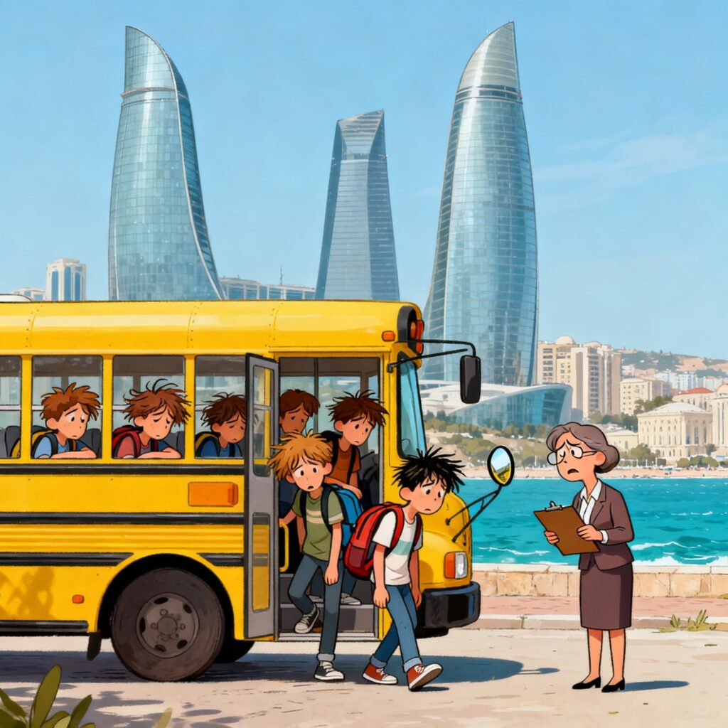Whimsical cartoon illustration showing a yellow school bus parked in front of Baku's distinctive flame-shaped skyscrapers (Flame Towers). Exhausted teenagers are stumbling out of the bus with disheveled hair and tired expressions, carrying backpacks and looking bewildered. A stressed teacher stands beside the bus holding a clipboard, appearing frazzled from the long journey. The modern glass towers of Baku gleam in the background under a blue sky, with the Caspian Sea visible in the distance. The comedic style emphasizes the absurd contrast between the students' weary state after their marathon bus journey and the impressive architectural backdrop of their destination.
