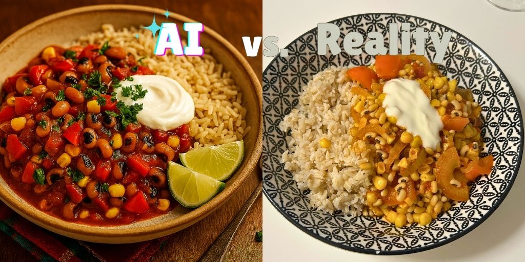 Side-by-side comparison of AI-generated versus real photo of Smoky Mexican Black-Eyed Pea Skillet served with whole grain rice, topped with soy yogurt and fresh parsley in decorative bowls