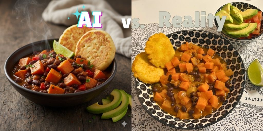 A side-by-side comparison image labeled 'AI vs. Reality,' showing two photos of a Colombian sweet potato and black bean guiso with arepas. The AI image is a polished, professional shot, while the reality image shows the delicious home-cooked version.