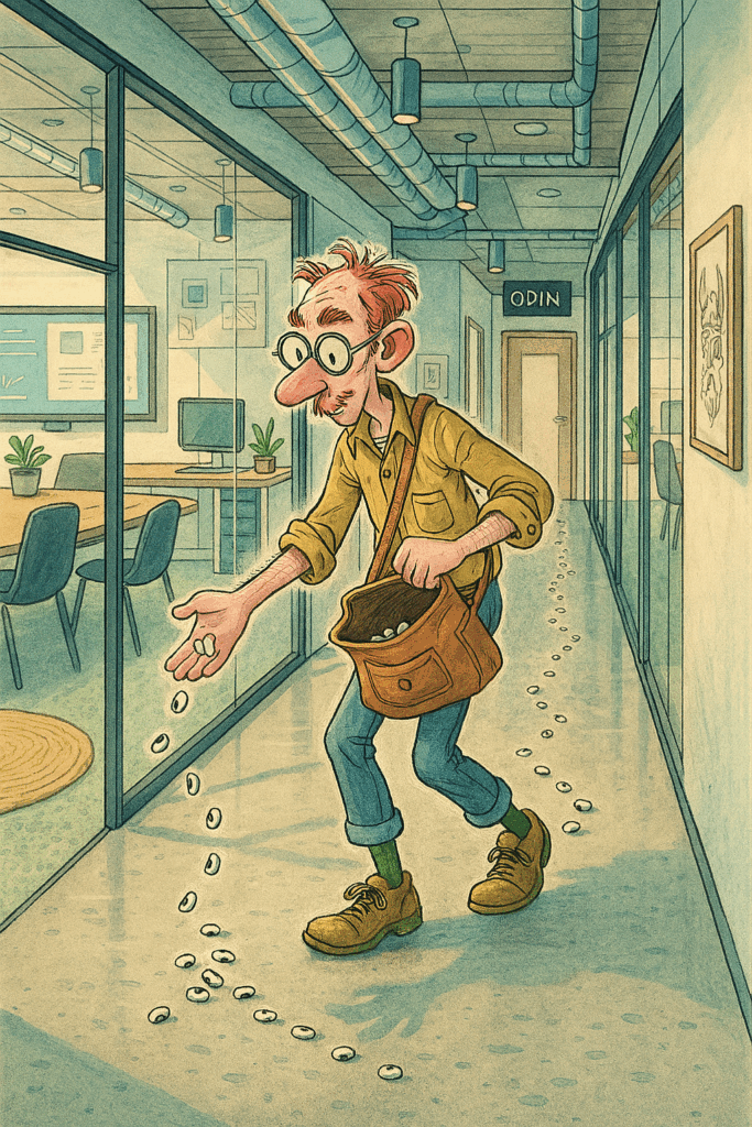 A whimsical illustration of a quirky engineer with red tufts of hair, thick glasses, and a goatee walking through a modern office corridor in Kista, Stockholm. He wears a mustard shirt, blue pants, and brown shoes, and carries a brown leather satchel from which he drops black-eyed beans at each turn. The corridor features glass-walled rooms, minimalist Scandinavian furniture, tech gadgets, and exposed ceiling pipes. A playful trail of beans leads toward a conference room labeled "ODIN" in bold letters. Sunlight streams through the glass, casting soft shadows on the polished concrete floor.