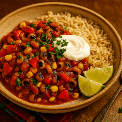 A vibrant food photograph of a Smoky Mexican Black-Eyed Pea Skillet served in a rustic ceramic bowl on a wooden table. The dish features black-eyed peas, red bell pepper, sweet corn, onions, and diced tomatoes in a rich tomato-based sauce. It's topped with a dollop of creamy soy yogurt and garnished with fresh parsley. Whole grain rice sits beside the skillet mixture in the same bowl. Lime wedges and a vintage spoon rest nearby on a colorful woven textile. The image is warmly lit with natural light, showcasing rich colors and textures in a cozy, inviting atmosphere.