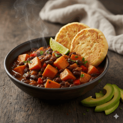 A close-up, high-detail professional food photograph of a steaming bowl of Colombian Smoky Sweet Potato & Black Bean Guiso. The rich, dark stew is served in a rustic, dark-toned ceramic bowl and features visible chunks of bright orange sweet potato, black beans, and diced red pepper. Two golden-brown, freshly made arepas are leaning against the far side of the bowl. The dish is garnished with a bright green lime wedge on the rim and several thin slices of avocado are artfully arranged next to the bowl on a weathered, dark wooden surface. A wisp of steam rises from the hot guiso. The setting is illuminated by soft, natural light, emphasizing the rustic and warm atmosphere.