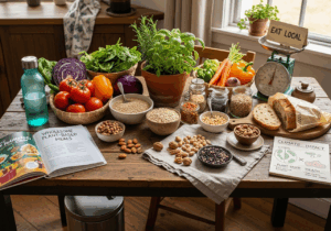 A rustic wooden kitchen table set near a sunny window is filled with vibrant plant-based foods, including tomatoes, bell peppers, spinach, cabbage, carrots, onions, whole grains, assorted nuts, beans, and lentils in bowls and jars. A potted herb plant, a reusable water bottle, fresh bread, and a “Eat Local” sign are featured alongside a kitchen scale. Opened books and illustrated cards on the table highlight themes of climate impact, health, and sustainable eating, with warm daylight creating an inviting, wholesome atmosphere.