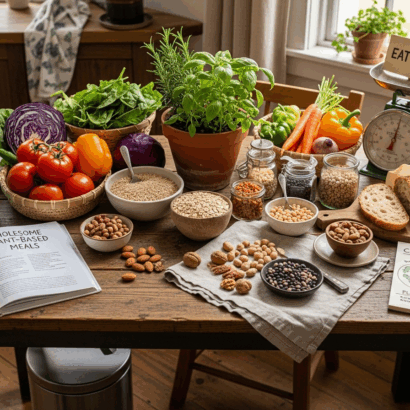 A rustic wooden kitchen table set near a sunny window is filled with vibrant plant-based foods, including tomatoes, bell peppers, spinach, cabbage, carrots, onions, whole grains, assorted nuts, beans, and lentils in bowls and jars. A potted herb plant, a reusable water bottle, fresh bread, and a “Eat Local” sign are featured alongside a kitchen scale. Opened books and illustrated cards on the table highlight themes of climate impact, health, and sustainable eating, with warm daylight creating an inviting, wholesome atmosphere.